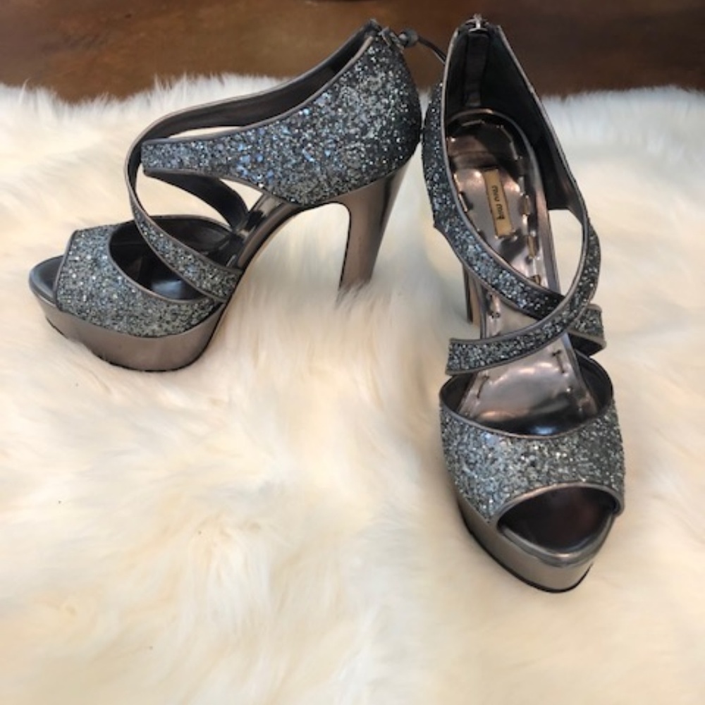 Miu Miu Sliver Glitter Platform Sandals
